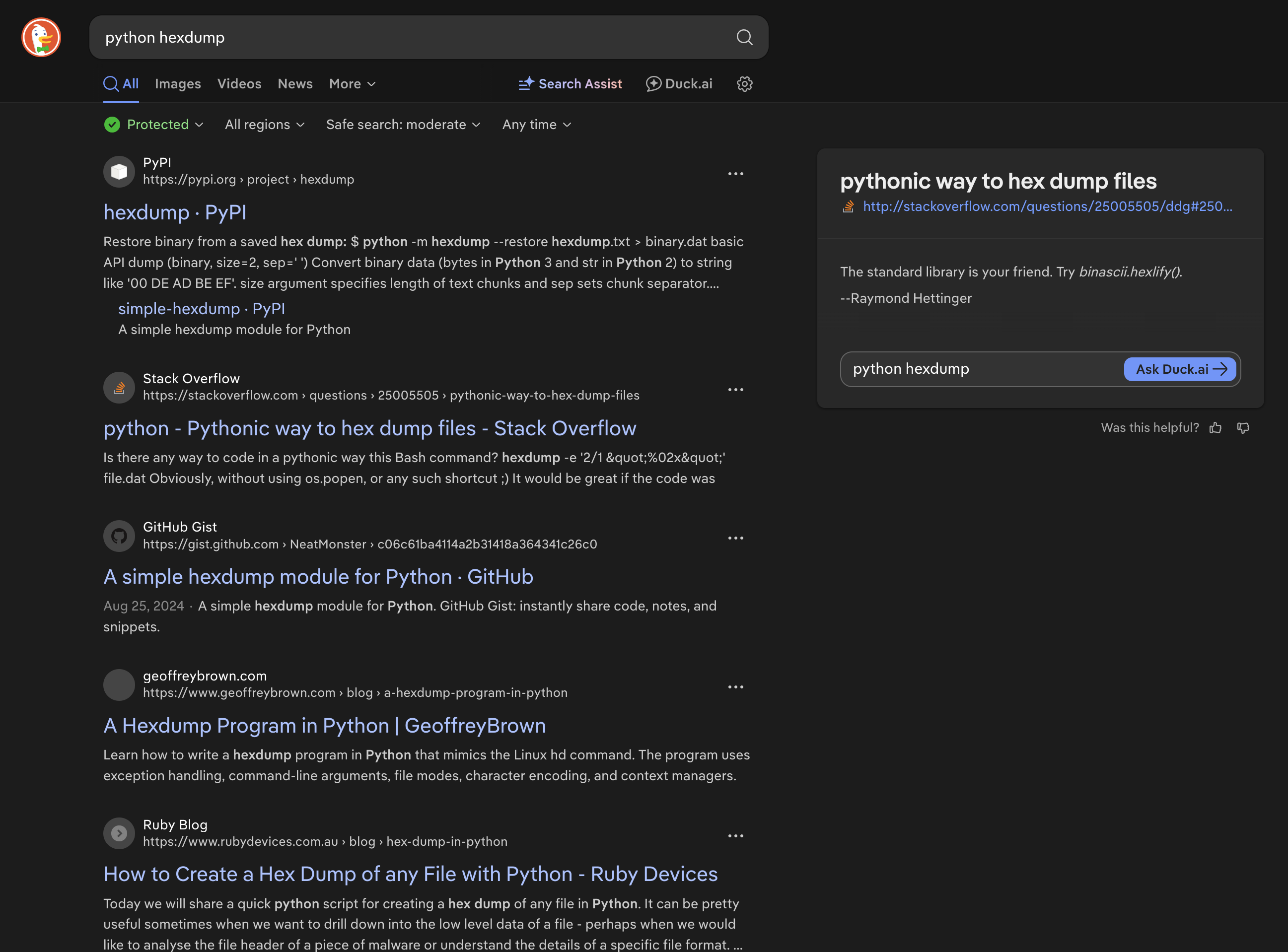Duck.ai overview for "python hexdump"