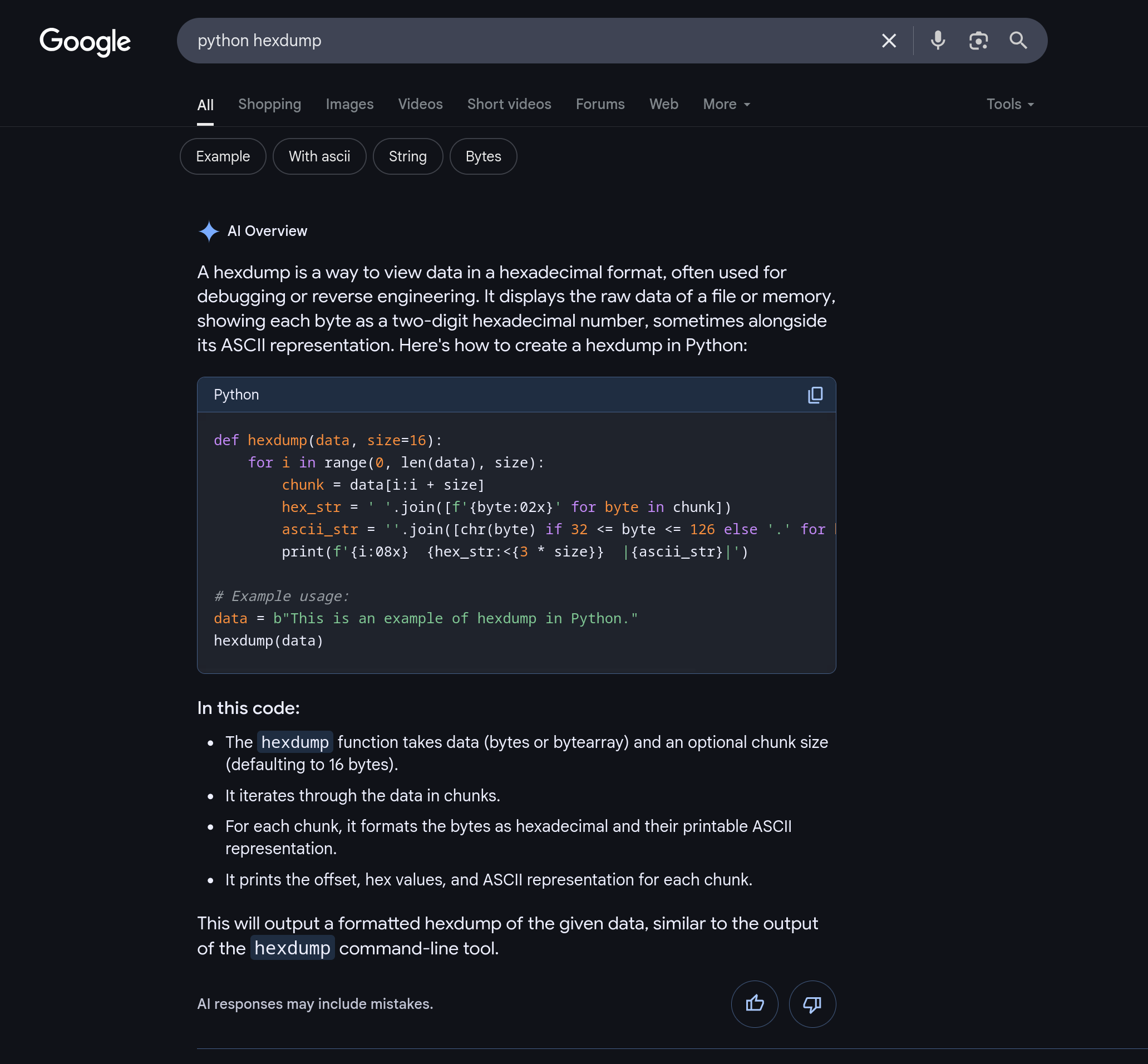 AI overview of web search for "python hexdump"