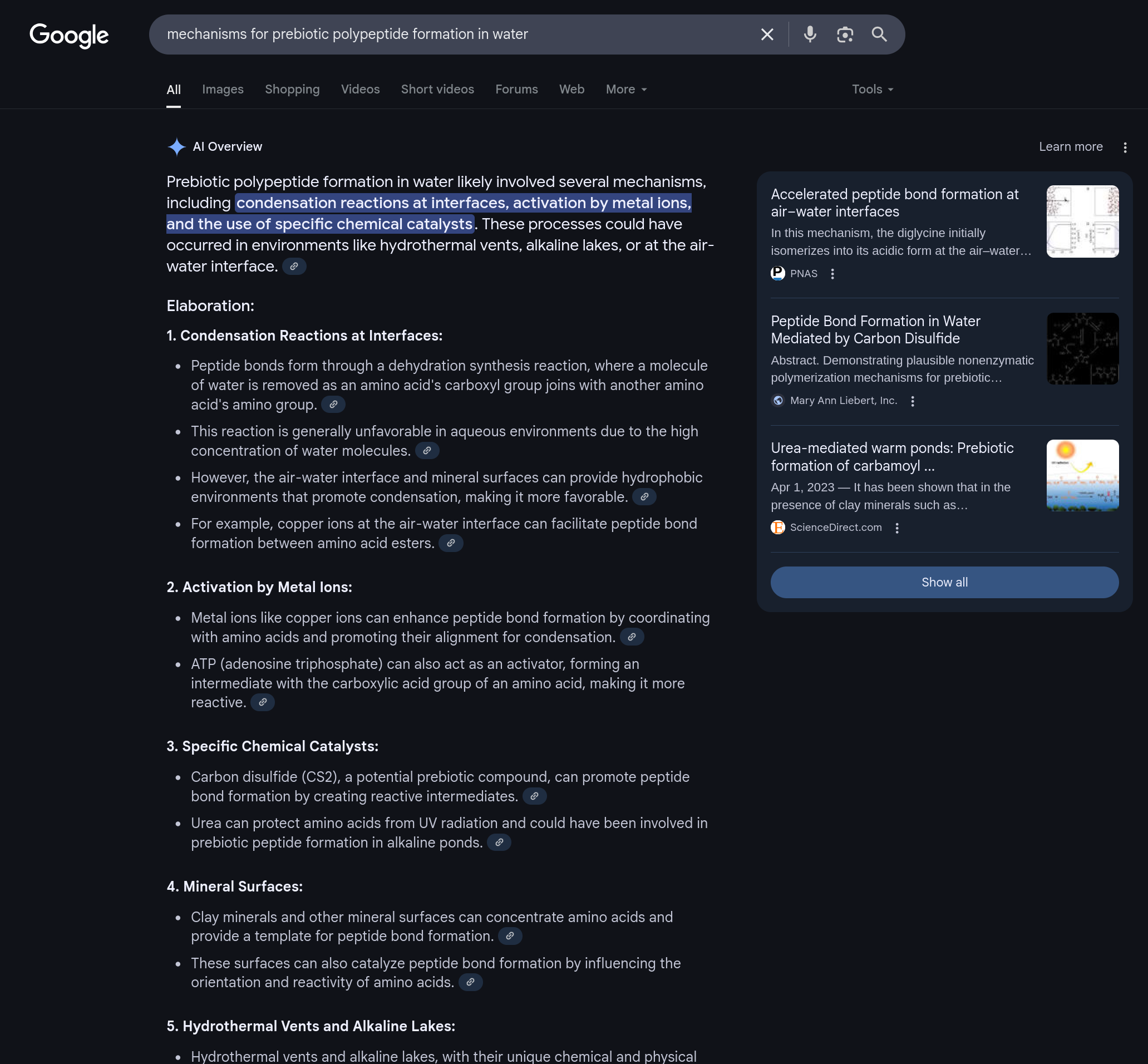 AI overview of web search for "mechanisms for prebiotic polypeptide formation in water"